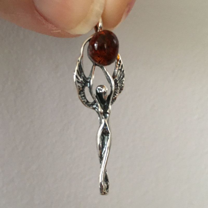 Baltic Amber and Sterling Silver Angel Pendant