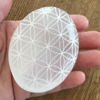 Selenite Flower of Life Palmstone - 7.5cm